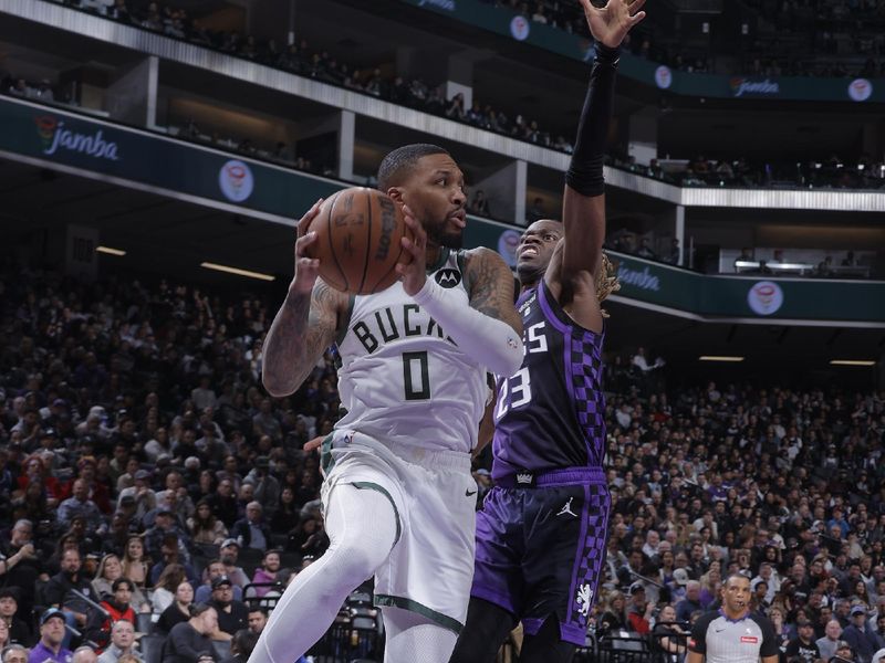 SACRAMENTO, CA - MARCH 12: Damian Lillard #0 of the Milwaukee Bucks looks to pass the ball during the game against the Sacramento Kings on March 12, 2024 at Golden 1 Center in Sacramento, California. NOTE TO USER: User expressly acknowledges and agrees that, by downloading and or using this Photograph, user is consenting to the terms and conditions of the Getty Images License Agreement. Mandatory Copyright Notice: Copyright 2024 NBAE (Photo by Rocky Widner/NBAE via Getty Images)