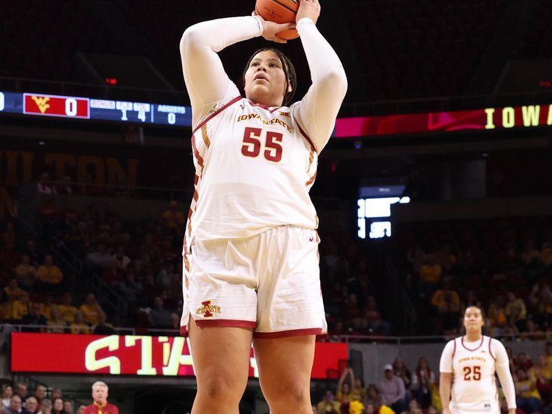 Jan 11, 2026; Ames, Iowa, USA; Iowa State Cyclones center Audi Crooks (55) shoots against the West Virginia Mountaineers during the first half at James H. Hilton Coliseum. Mandatory Credit: Reese Strickland-Imagn Images