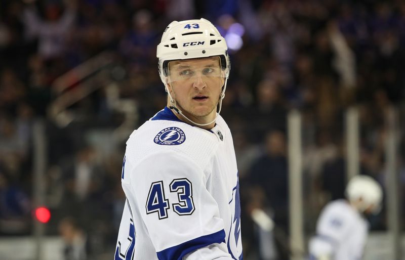 Apr 5, 2023; New York, New York, USA; Tampa Bay Lightning defenseman Darren Raddysh (43) skates against the New York Rangers during the first period at Madison Square Garden. Mandatory Credit: Danny Wild-USA TODAY Sports