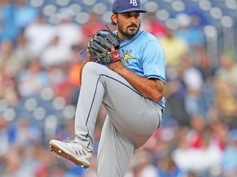 Jul 24, 2024; Toronto, Ontario, CAN; Tampa Bay Rays starting pitcher Zach Eflin (24) throws a pitch against the Toronto Blue Jays during the first inning at Rogers Centre. Mandatory Credit: Nick Turchiaro-USA TODAY Sports