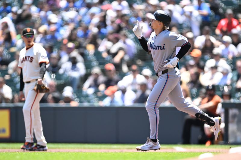 Jun 26, 2025; San Francisco, California, USA;  Miami Marlins left fielder Kyle Stowers (28) celebrates hiting a three-run home run against the San Francisco Giants in the first inning at Oracle Park. Mandatory Credit: Eakin Howard-Imagn Images