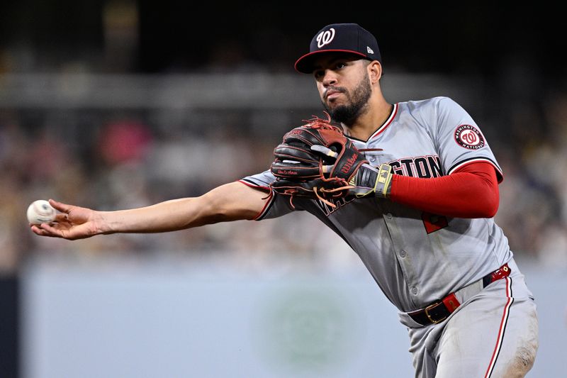 Jun 25, 2024; San Diego, California, USA; Washington Nationals second baseman Luis Garcia Jr. (2) throws to first base on a ground out by San Diego Padres first baseman Luis Arraez (not pictured) during the eighth inning at Petco Park. Mandatory Credit: Orlando Ramirez-USA TODAY Sports