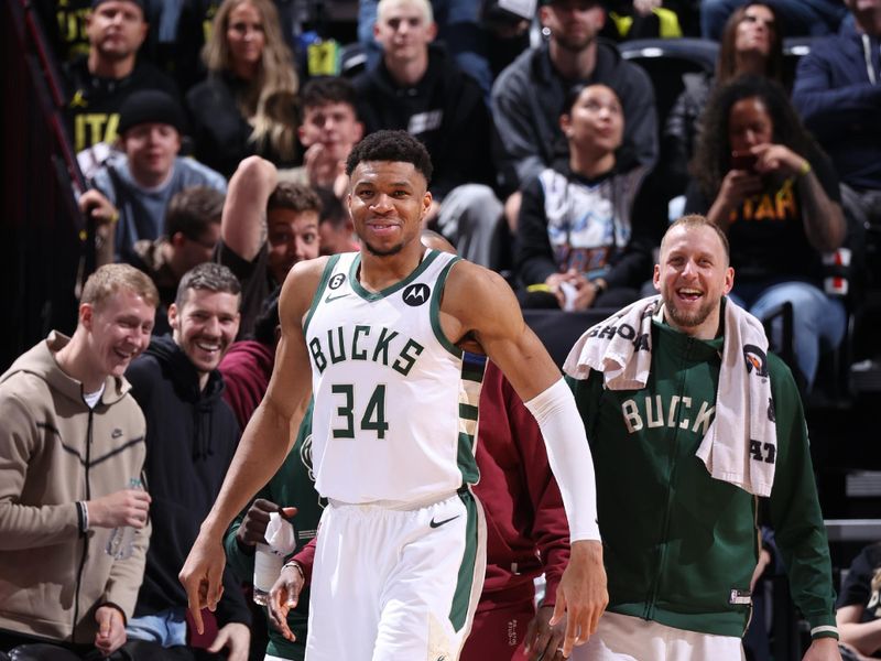 SALT LAKE CITY, UT - MARCH 24: The Milwaukee Bucks  celebrate during the game against the Utah Jazz on March 24, 2023 at vivint.SmartHome Arena in Salt Lake City, Utah. NOTE TO USER: User expressly acknowledges and agrees that, by downloading and or using this Photograph, User is consenting to the terms and conditions of the Getty Images License Agreement. Mandatory Copyright Notice: Copyright 2023 NBAE (Photo by Melissa Majchrzak/NBAE via Getty Images)