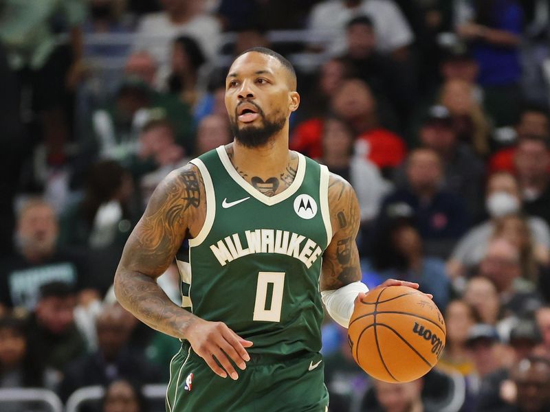 MILWAUKEE, WISCONSIN - DECEMBER 21: Damian Lillard #0 of the Milwaukee Bucks handles the ball during a game against the Orlando Magic at Fiserv Forum on December 21, 2023 in Milwaukee, Wisconsin. NOTE TO USER: User expressly acknowledges and agrees that, by downloading and or using this photograph, User is consenting to the terms and conditions of the Getty Images License Agreement. (Photo by Stacy Revere/Getty Images)