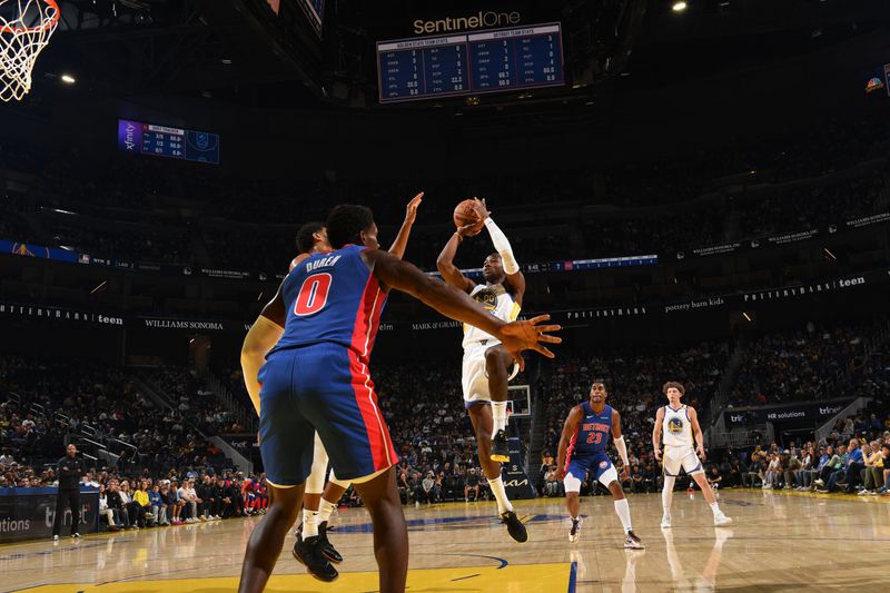 SAN FRANCISCO, CA - OCTOBER 13: Jonathan Kuminga #00 of the Golden State Warriors shoots the ball during the game against the Detroit Pistons during a NBA Preseason game on October 13, 2024 at Chase Center in San Francisco, California. NOTE TO USER: User expressly acknowledges and agrees that, by downloading and or using this photograph, user is consenting to the terms and conditions of Getty Images License Agreement. Mandatory Copyright Notice: Copyright 2024 NBAE (Photo by Noah Graham/NBAE via Getty Images)