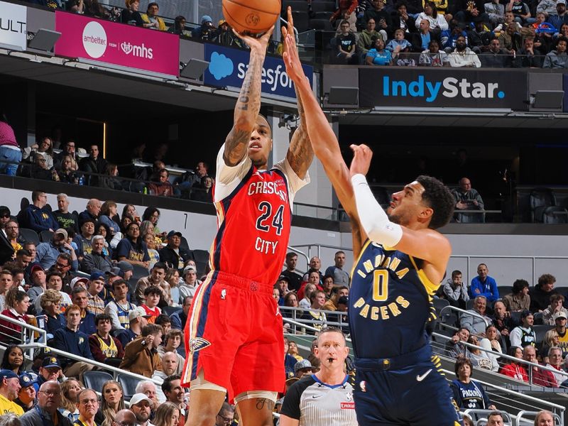 INDIANAPOLIS, IN - NOVEMBER 25: Jordan Hawkins #24 of the New Orleans Pelicans shoots a three point basket during the game against the Indiana Pacers on November 25, 2024 at Gainbridge Fieldhouse in Indianapolis, Indiana. NOTE TO USER: User expressly acknowledges and agrees that, by downloading and or using this Photograph, user is consenting to the terms and conditions of the Getty Images License Agreement. Mandatory Copyright Notice: Copyright 2024 NBAE (Photo by Ron Hoskins/NBAE via Getty Images)