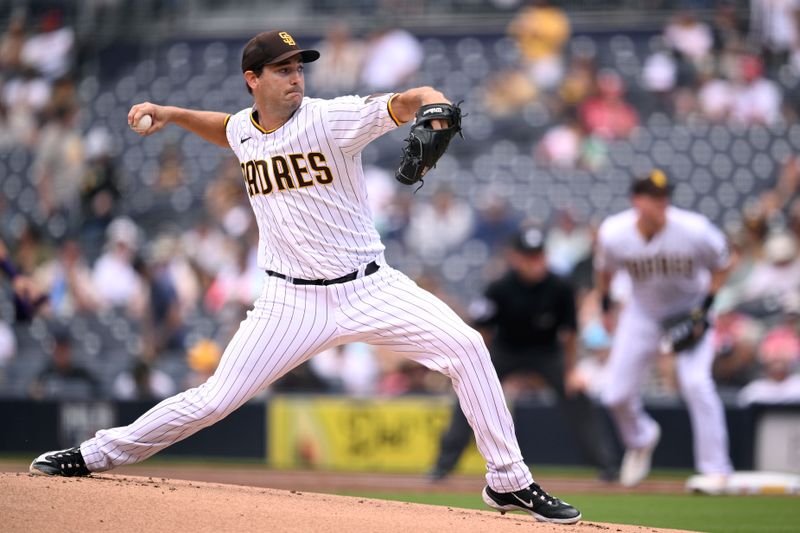 Sep 20, 2023; San Diego, California, USA; San Diego Padres starting pitcher Seth Lugo (67) throws a pitch against the Colorado Rockies during the first inning at Petco Park. Mandatory Credit: Orlando Ramirez-USA TODAY Sports