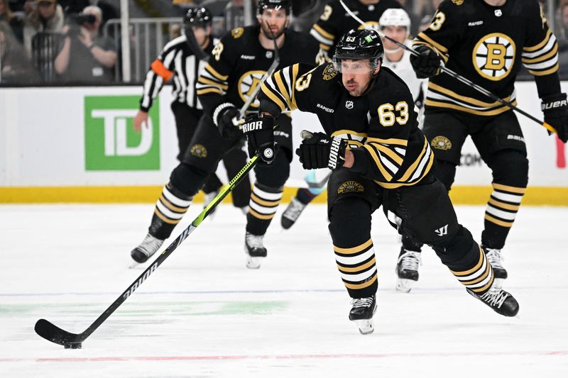 Feb 15, 2024; Boston, Massachusetts, USA; Boston Bruins left wing Brad Marchand (63) skates against the Seattle Kraken during the first period at TD Garden. Mandatory Credit: Brian Fluharty-USA TODAY Sports