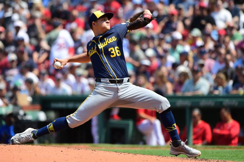 May 26, 2024; Boston, Massachusetts, USA;  Milwaukee Brewers starting pitcher Tobias Myers (36) pitches during the fourth inning against the Boston Red Sox at Fenway Park. Mandatory Credit: Bob DeChiara-USA TODAY Sports