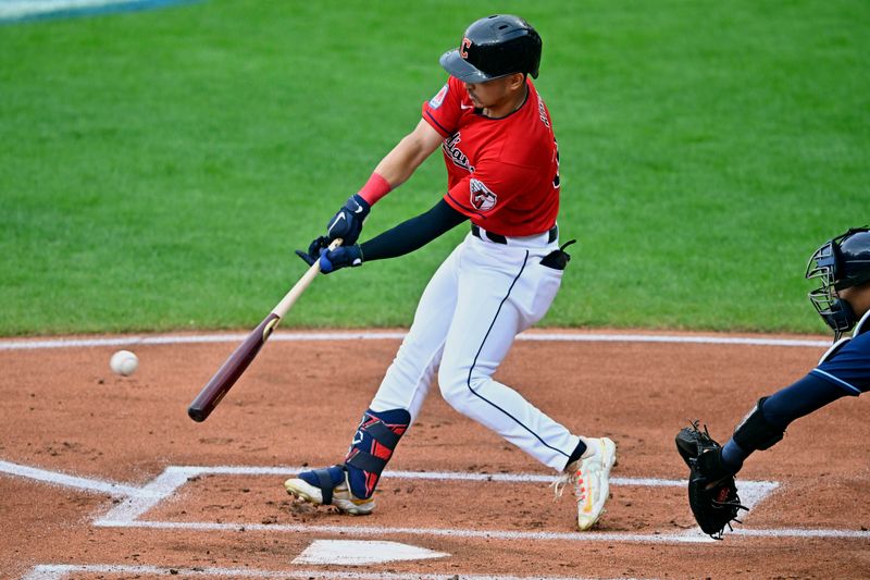 Sep 2, 2023; Cleveland, Ohio, USA; Cleveland Guardians left fielder Steven Kwan (38) singles against the Tampa Bay Rays in the first inning at Progressive Field. Mandatory Credit: David Richard-USA TODAY Sports