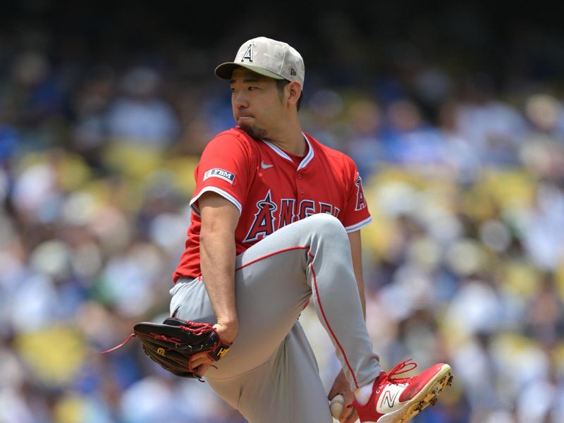 May 18, 2025; Los Angeles, California, USA; Los Angeles Angels pitcher Yusei Kikuchi (16) pitches in the first inning against the Los Angeles Dodgers at Dodger Stadium. Mandatory Credit: Jayne Kamin-Oncea-Imagn Images
