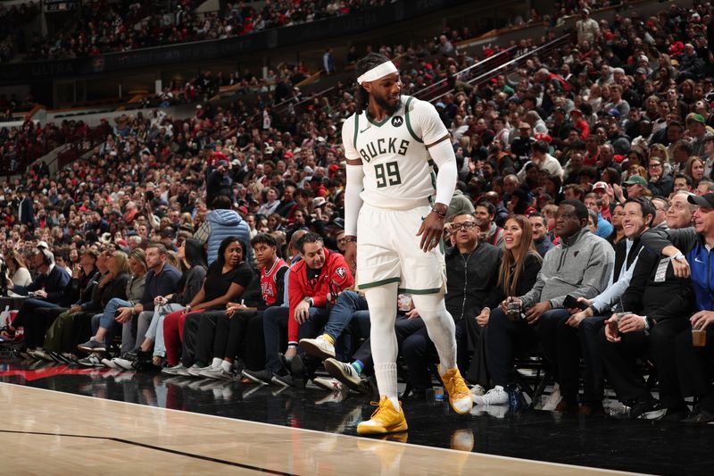 CHICAGO, IL - MARCH 1: Jae Crowder #99 of the Milwaukee Bucks celebrates a three point basket during the game against the Chicago Bulls on March 1, 2024 at United Center in Chicago, Illinois. NOTE TO USER: User expressly acknowledges and agrees that, by downloading and or using this photograph, User is consenting to the terms and conditions of the Getty Images License Agreement. Mandatory Copyright Notice: Copyright 2024 NBAE (Photo by Gary Dineen/NBAE via Getty Images)