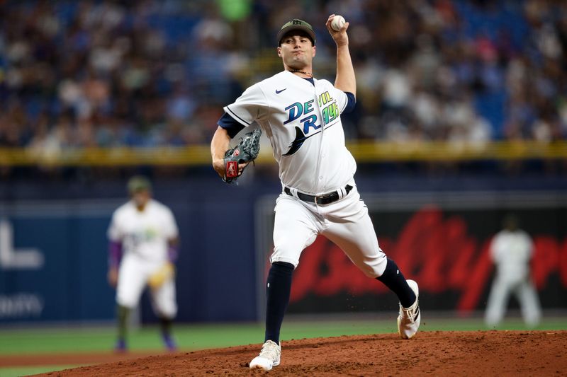 May 19, 2023; St. Petersburg, Florida, USA;  Tampa Bay Rays starting pitcher Shane McClanahan (18) throws a pitch  against the Milwaukee Brewers in the fourth inning at Tropicana Field. Mandatory Credit: Nathan Ray Seebeck-USA TODAY Sports