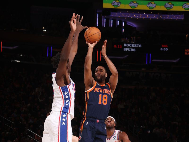 NEW YORK, NY - MARCH 12:  Alec Burks #18 of the New York Knicks shoots the ball during the game against the Philadelphia 76ers on March 12, 2024 at Madison Square Garden in New York City, New York.  NOTE TO USER: User expressly acknowledges and agrees that, by downloading and or using this photograph, User is consenting to the terms and conditions of the Getty Images License Agreement. Mandatory Copyright Notice: Copyright 2024 NBAE  (Photo by Nathaniel S. Butler/NBAE via Getty Images)