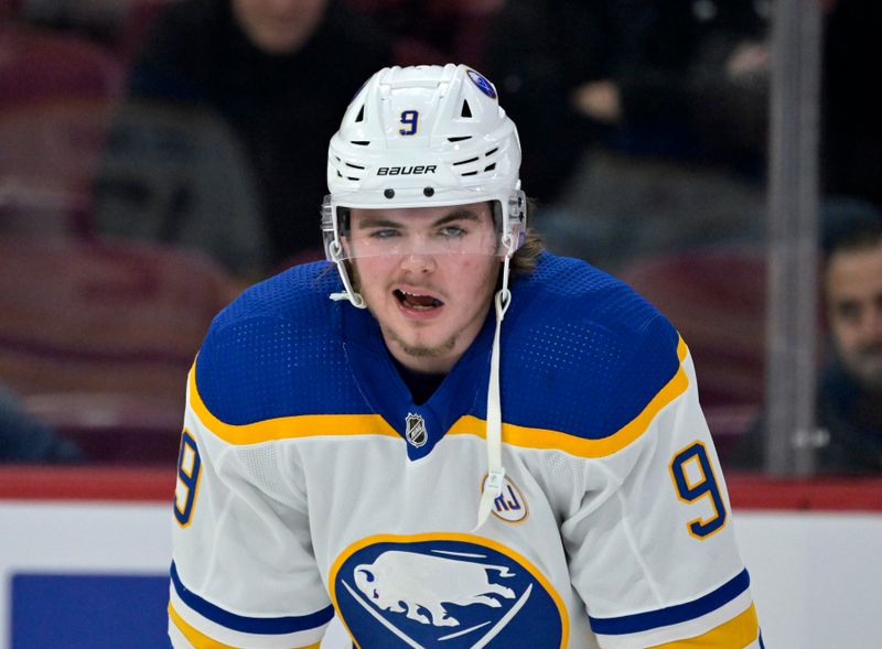 Feb 21, 2024; Montreal, Quebec, CAN; Buffalo Sabres forward Zach Benson (9) stretches during the warmup period before the game against the Montreal Canadiens at the Bell Centre. Mandatory Credit: Eric Bolte-USA TODAY Sports