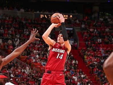 MIAMI, FL - DECEMBER 25:  Tyler Herro #14 of the Miami Heat shoots the ball during the game   on December 25, 2023 at Kaseya Center Arena in Miami, Florida. NOTE TO USER: User expressly acknowledges and agrees that, by downloading and or using this Photograph, user is consenting to the terms and conditions of the Getty Images License Agreement. Mandatory Copyright Notice: Copyright 2023 NBAE (Photo by Issac Baldizon/NBAE via Getty Images)