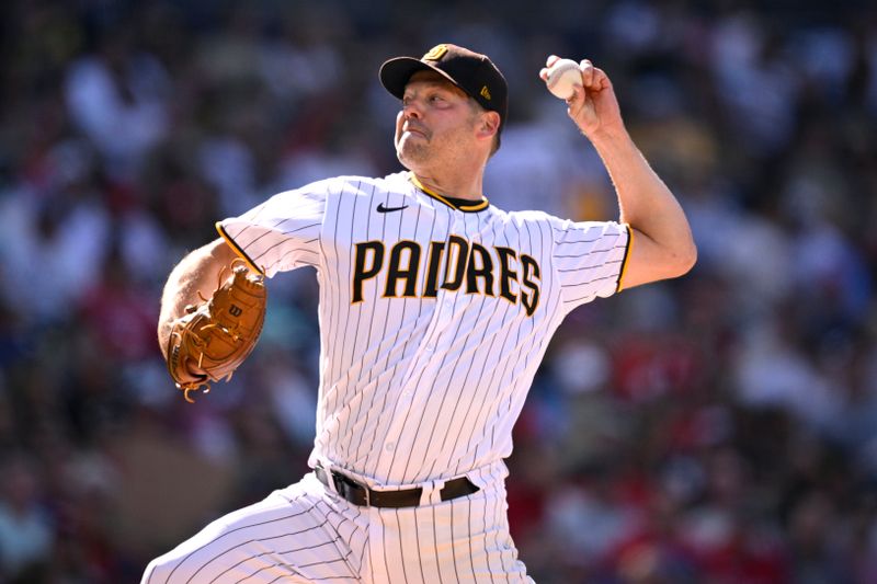 Sep 4, 2023; San Diego, California, USA; San Diego Padres starting pitcher Rich Hill (41) throws a pitch against the Philadelphia Phillies during the second inning at Petco Park. Mandatory Credit: Orlando Ramirez-USA TODAY Sports