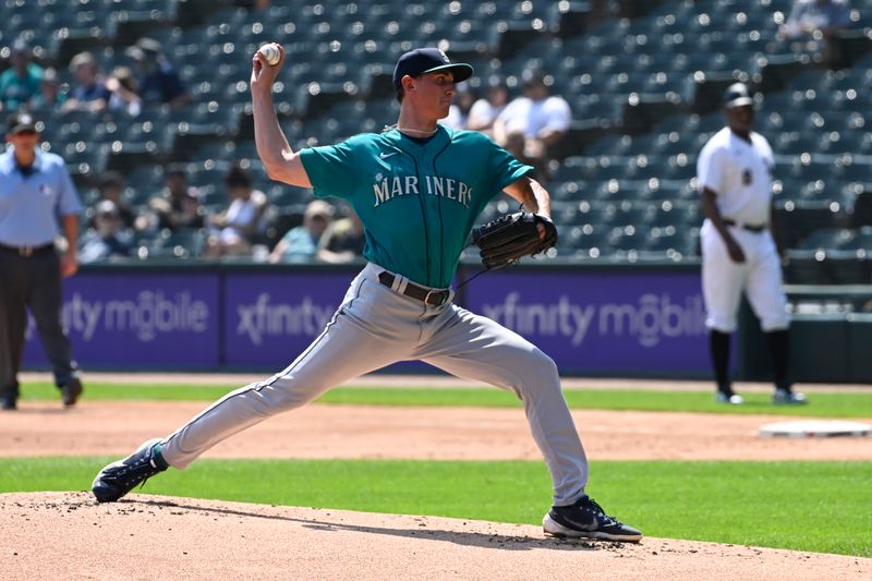 Aug 23, 2023; Chicago, Illinois, USA;  Seattle Mariners starting pitcher George Kirby (68) delivers against the Chicago White Sox during the first inning at Guaranteed Rate Field. Mandatory Credit: Matt Marton-USA TODAY Sports