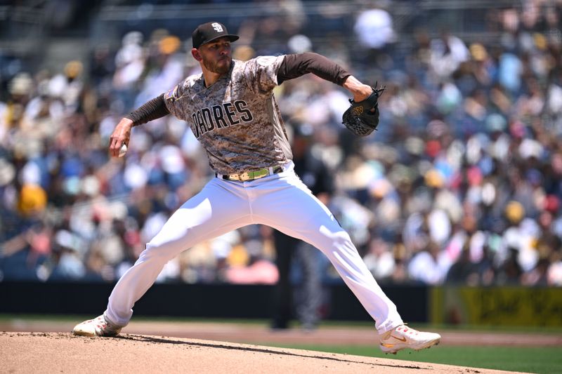 Jul 9, 2023; San Diego, California, USA; San Diego Padres starting pitcher Joe Musgrove (44) throws a pitch against the New York Mets during the first inning at Petco Park. Mandatory Credit: Orlando Ramirez-USA TODAY Sports