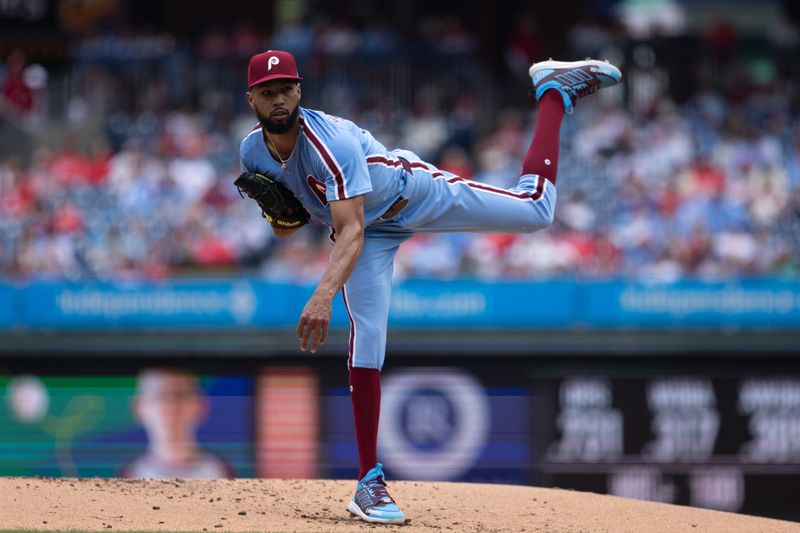 May 29, 2025; Philadelphia, Pennsylvania, USA; Philadelphia Phillies pitcher Cristopher Sanchez (61) throws a pitch during the second inning against the Atlanta Braves at Citizens Bank Park. Mandatory Credit: Bill Streicher-Imagn Images