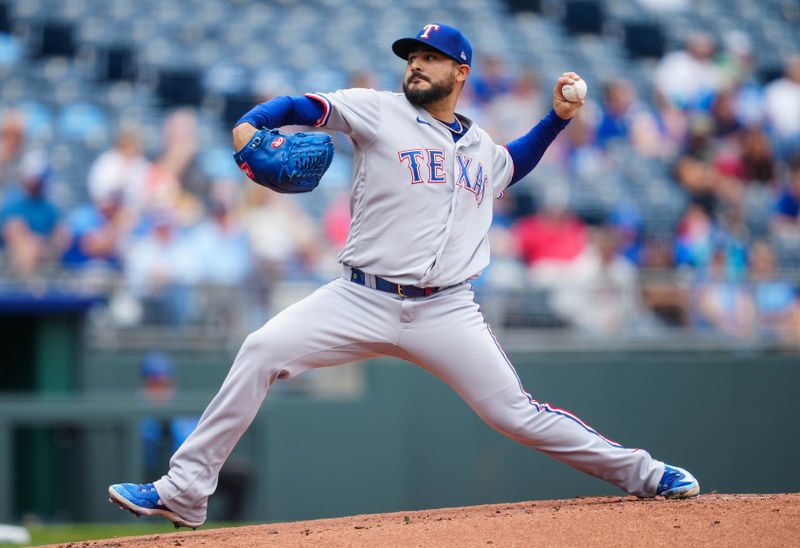 Apr 19, 2023; Kansas City, Missouri, USA; Texas Rangers starting pitcher Martin Perez (54) pitches during the first inning against the Kansas City Royals at Kauffman Stadium. Mandatory Credit: Jay Biggerstaff-USA TODAY Sports