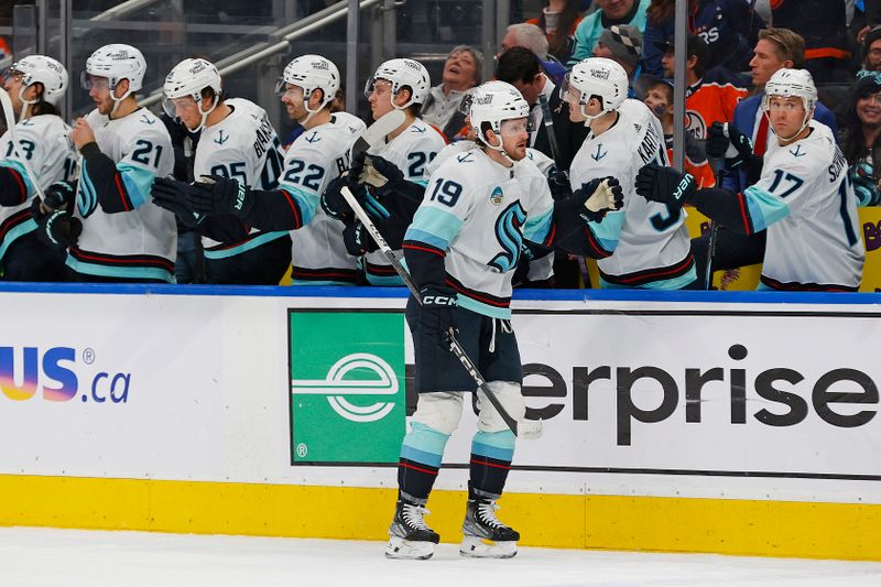 Jan 18, 2024; Edmonton, Alberta, CAN; The Seattle Kraken celebrate a goal scored by Seattle Kraken forward Jared McCann (19) during the first period against the Edmonton Oilers at Rogers Place. Mandatory Credit: Perry Nelson-USA TODAY Sports