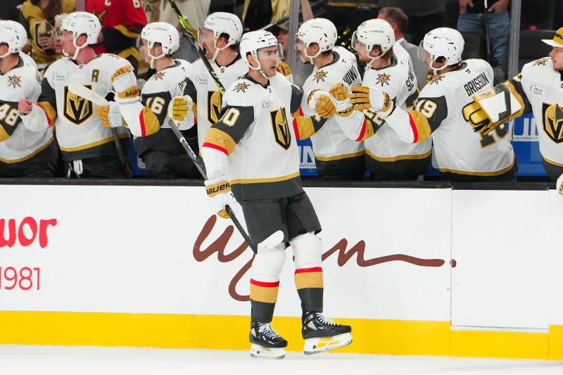 Oct 25, 2024; Las Vegas, Nevada, USA; Vegas Golden Knights center Nicolas Roy (10) celebrates after scoring a goal against the Ottawa Senators during the first period at T-Mobile Arena. Mandatory Credit: Stephen R. Sylvanie-Imagn Images