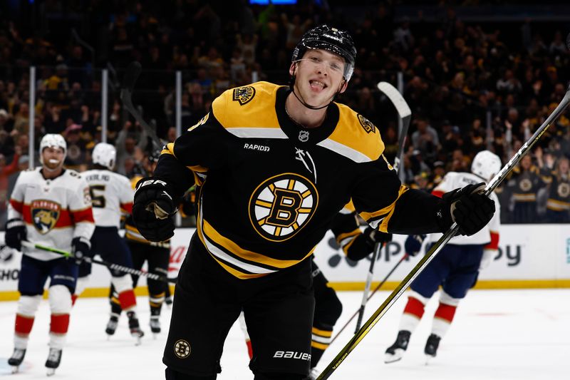 Oct 14, 2024; Boston, Massachusetts, USA; Boston Bruins defenseman Mason Lohrei (6) celebrates his goal against the Florida Panthers during the second period at TD Garden. Mandatory Credit: Winslow Townson-Imagn Images