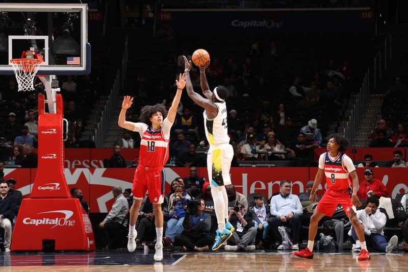 WASHINGTON, DC -? FEBRUARY 12:  Pascal Siakam #43 of the Indiana Pacers shoots the ball during the game against the Washington Wizards on February 12, 2025 at Capital One Arena in Washington, DC. NOTE TO USER: User expressly acknowledges and agrees that, by downloading and or using this Photograph, user is consenting to the terms and conditions of the Getty Images License Agreement. Mandatory Copyright Notice: Copyright 2025 NBAE (Photo by Stephen Gosling/NBAE via Getty Images)