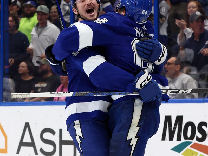 Nov 20, 2023; Tampa, Florida, USA; Tampa Bay Lightning left wing Tanner Jeannot (84) is congratulated by center Tyler Motte (64) after he scored a goal against the Boston Bruins during the first period at Amalie Arena. Mandatory Credit: Kim Klement Neitzel-USA TODAY Sports