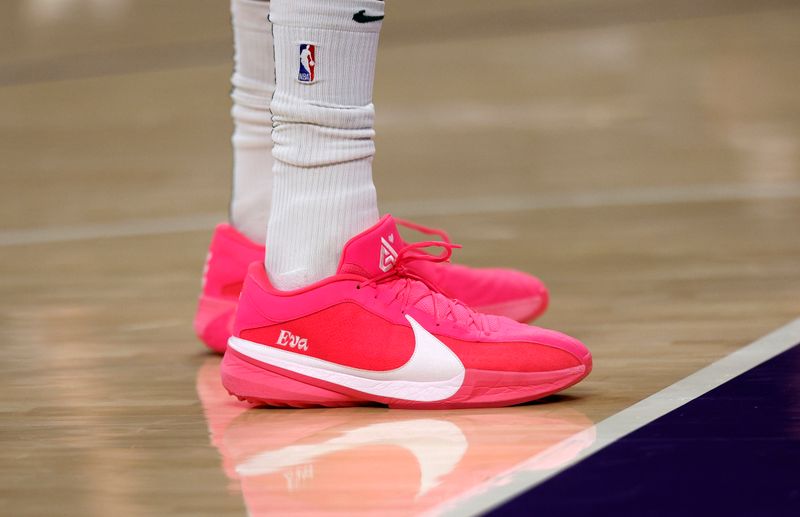 LOS ANGELES, CALIFORNIA - MARCH 8: Shoes worn by Giannis Antetokounmpo #34 of the Milwaukee Bucks as he warms up before the game against Los Angeles Lakers at Crypto.com Arena on March 8, 2024 in Los Angeles, California. NOTE TO USER: User expressly acknowledges and agrees that, by downloading and or using this photograph, User is consenting to the terms and conditions of the Getty Images License Agreement. (Photo by Kevork Djansezian/Getty Images)