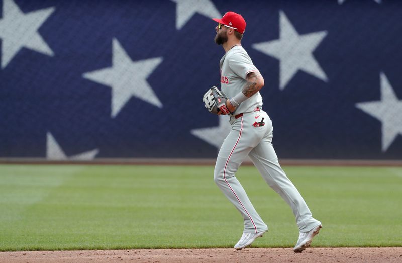 Jul 21, 2024; Pittsburgh, Pennsylvania, USA;  Philadelphia Phillies left fielder Weston Wilson (37) jogs to his position in the field against the Pittsburgh Pirates during the third inning at PNC Park. Mandatory Credit: Charles LeClaire-USA TODAY Sports