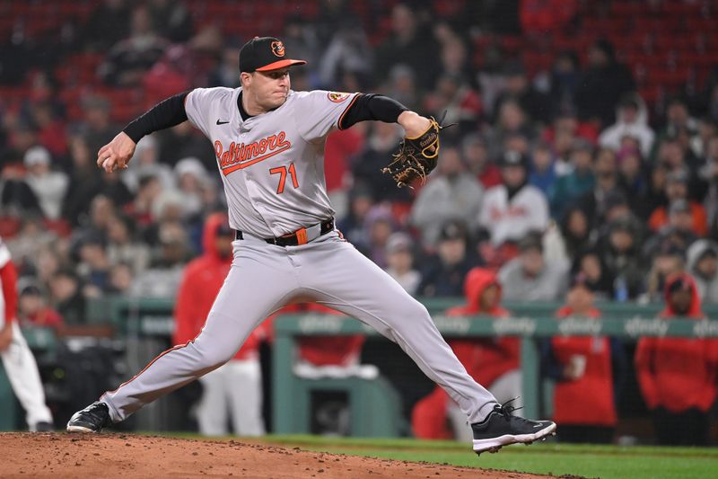 Apr 11, 20024; Boston, Massachusetts, USA; Baltimore Orioles pitcher Jacob Webb (71) pitches against the Boston Red Sox during the sixth inning at Fenway Park. Mandatory Credit: Eric Canha-USA TODAY Sports