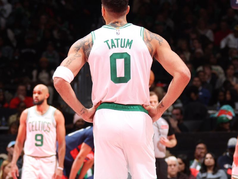 WASHINGTON, DC -? NOVEMBER 22: Jayson Tatum #0 of the Boston Celtics looks on during the game against the Washington Wizards during the Emirates NBA Cup game on November 22, 2024 at Capital One Arena in Washington, DC. NOTE TO USER: User expressly acknowledges and agrees that, by downloading and or using this Photograph, user is consenting to the terms and conditions of the Getty Images License Agreement. Mandatory Copyright Notice: Copyright 2024 NBAE (Photo by Stephen Gosling/NBAE via Getty Images)