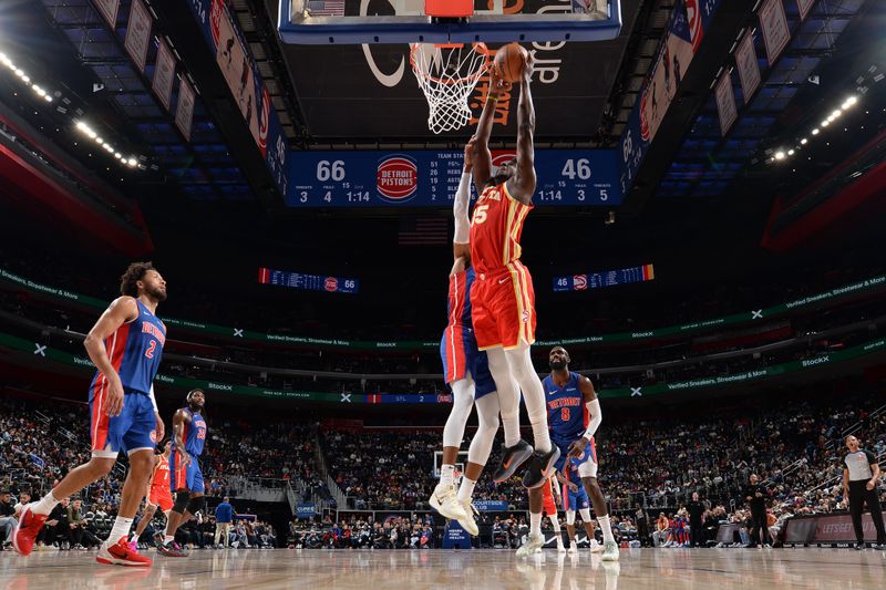 DETROIT, MI - NOVEMBER 8: Clint Capela #15 of the Atlanta Hawks dunks the ball during the game against the Detroit Pistons on November  8, 2024 at Little Caesars Arena in Detroit, Michigan. NOTE TO USER: User expressly acknowledges and agrees that, by downloading and/or using this photograph, User is consenting to the terms and conditions of the Getty Images License Agreement. Mandatory Copyright Notice: Copyright 2024 NBAE (Photo by Chris Schwegler/NBAE via Getty Images)