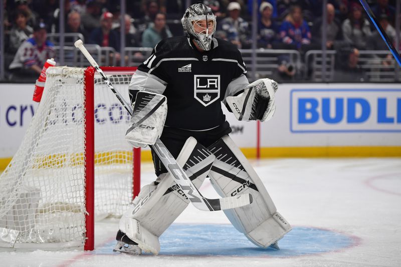 Jan 20, 2024; Los Angeles, California, USA; Los Angeles Kings goaltender David Rittich (31) defends the goal against the New York Rangers   durng the first period at Crypto.com Arena. Mandatory Credit: Gary A. Vasquez-USA TODAY Sports