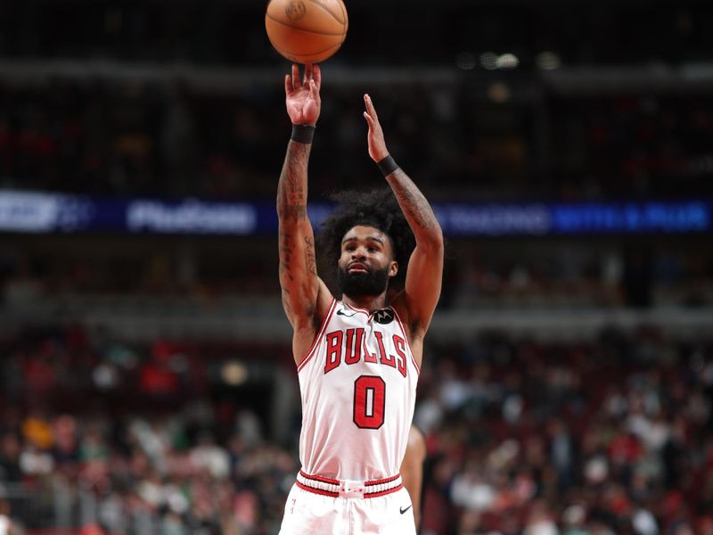 CHICAGO, IL - FEBRUARY 22: Coby White #0 of the Chicago Bulls shoots the ball during the game against the Boston Celtics on February 22, 2024 at United Center in Chicago, Illinois. NOTE TO USER: User expressly acknowledges and agrees that, by downloading and or using this photograph, User is consenting to the terms and conditions of the Getty Images License Agreement. Mandatory Copyright Notice: Copyright 2024 NBAE (Photo by Jeff Haynes/NBAE via Getty Images)