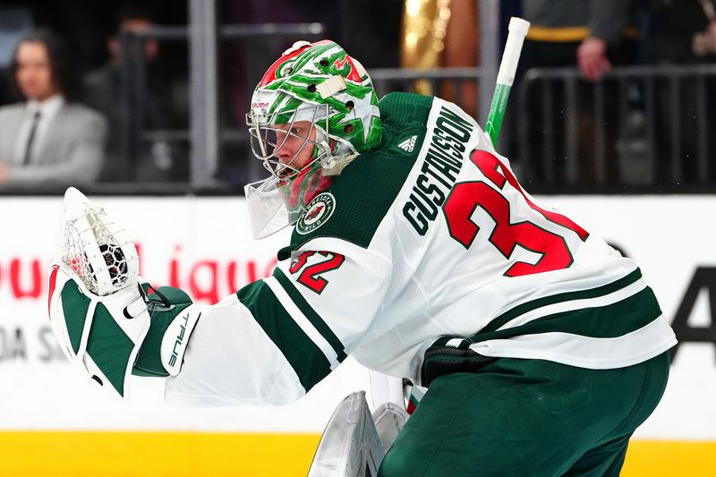 Feb 12, 2024; Las Vegas, Nevada, USA; Minnesota Wild goaltender Filip Gustavsson (32) warms up before a game against the Vegas Golden Knights at T-Mobile Arena. Mandatory Credit: Stephen R. Sylvanie-USA TODAY Sports