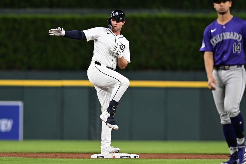 Sep 10, 2024; Detroit, Michigan, USA; Detroit Tigers second baseman Colt Keith (33) celebrates at second base after hitting a RBI double against the Colorado Rockies in the sixth inning at Comerica Park. Mandatory Credit: Lon Horwedel-Imagn Images