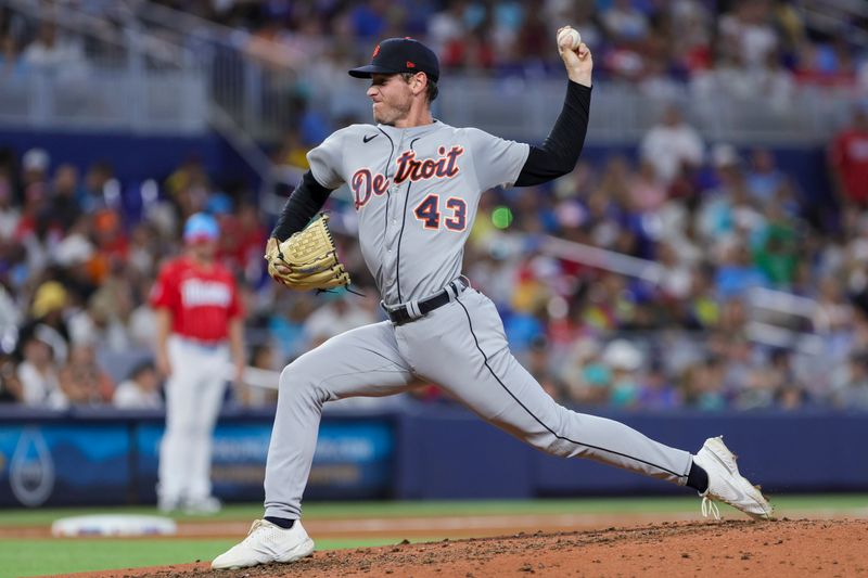 Jul 29, 2023; Miami, Florida, USA; Detroit Tigers relief pitcher Joey Wentz (43) delivers a pitch against the Miami Marlins during the fourth inning at loanDepot Park. Mandatory Credit: Sam Navarro-USA TODAY Sports