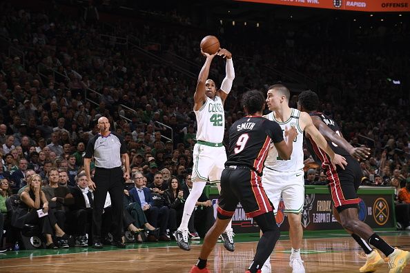 BOSTON, MA - OCTOBER 27: Al Horford #42 of the Boston Celtics shoots the ball during the game against the Miami Heat on October 27, 2023 at the TD Garden in Boston, Massachusetts. NOTE TO USER: User expressly acknowledges and agrees that, by downloading and or using this photograph, User is consenting to the terms and conditions of the Getty Images License Agreement. Mandatory Copyright Notice: Copyright 2023 NBAE  (Photo by Brian Babineau/NBAE via Getty Images)