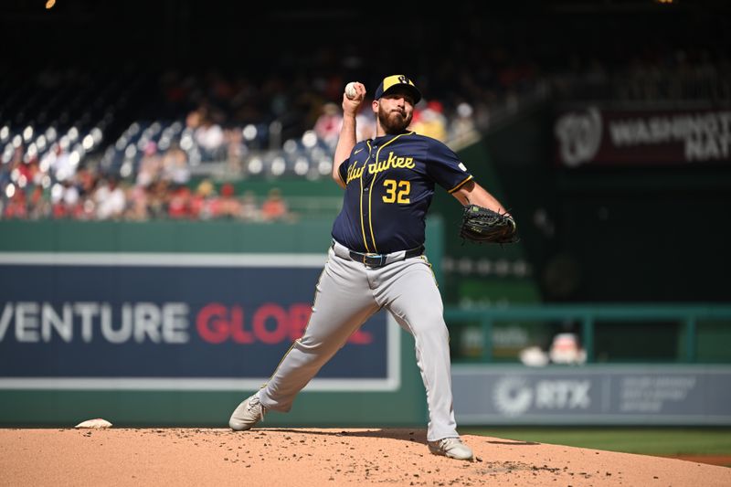 Aug 3, 2024; Washington, District of Columbia, USA; Milwaukee Brewers starting pitcher Aaron Civale (32) throws a pitch against the Washington Nationals during the first inning at Nationals Park. Mandatory Credit: Rafael Suanes-USA TODAY Sports