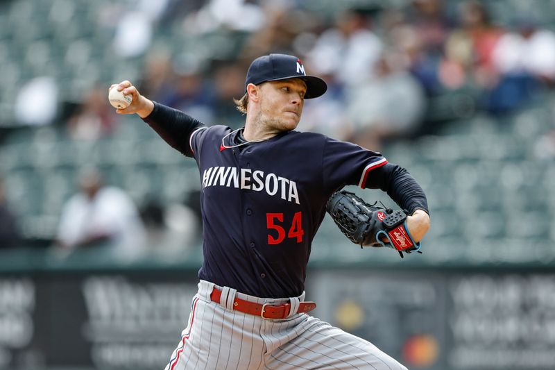 Sep 17, 2023; Chicago, Illinois, USA; Minnesota Twins starting pitcher Sonny Gray (54) delivers a pitch against the Chicago White Sox during the first inning at Guaranteed Rate Field. Mandatory Credit: Kamil Krzaczynski-USA TODAY Sports