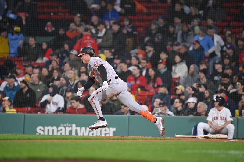 Apr 11, 20024; Boston, Massachusetts, USA; Baltimore Orioles second baseman Jackson Holiday (7) runs to first base against the Boston Red Sox during the third inning at Fenway Park. Mandatory Credit: Eric Canha-USA TODAY Sports