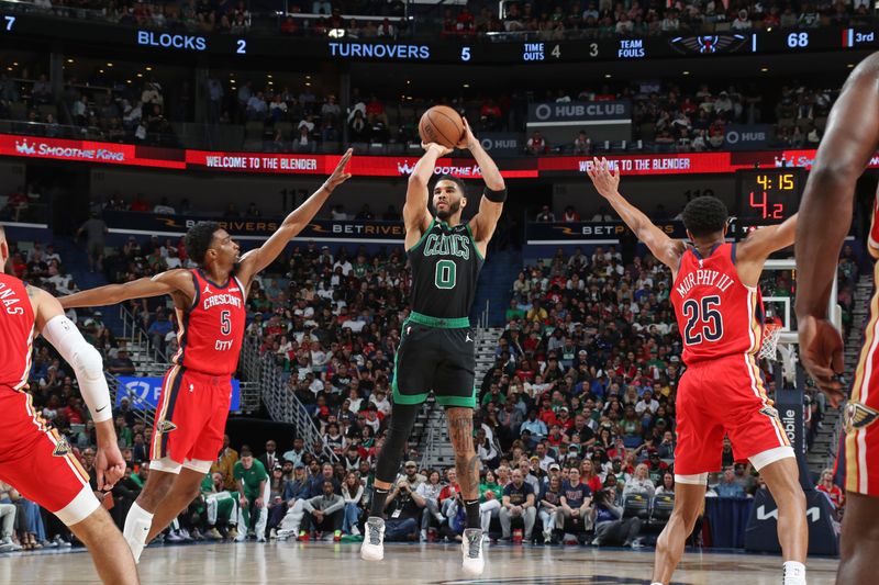 NEW ORLEANS, LA - MARCH 30: Jayson Tatum #0 of the Boston Celtics shoots the ball during the game against the New Orleans Pelicans on March 30, 2024 at the Smoothie King Center in New Orleans, Louisiana. NOTE TO USER: User expressly acknowledges and agrees that, by downloading and or using this Photograph, user is consenting to the terms and conditions of the Getty Images License Agreement. Mandatory Copyright Notice: Copyright 2024 NBAE (Photo by Layne Murdoch Jr./NBAE via Getty Images)