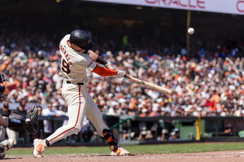 Apr 28, 2024; San Francisco, California, USA;  San Francisco Giants shortstop Tyler Fitzgerald (49) hits a single against the Pittsburgh Pirates during the seventh inning at Oracle Park. Mandatory Credit: John Hefti-USA TODAY Sports