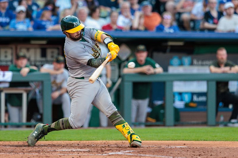 May 18, 2024; Kansas City, Missouri, USA; Oakland Athletics catcher Shea Langeliers (23) hits a double during the third inning against the Kansas City Royals at Kauffman Stadium. Mandatory Credit: William Purnell-USA TODAY Sports