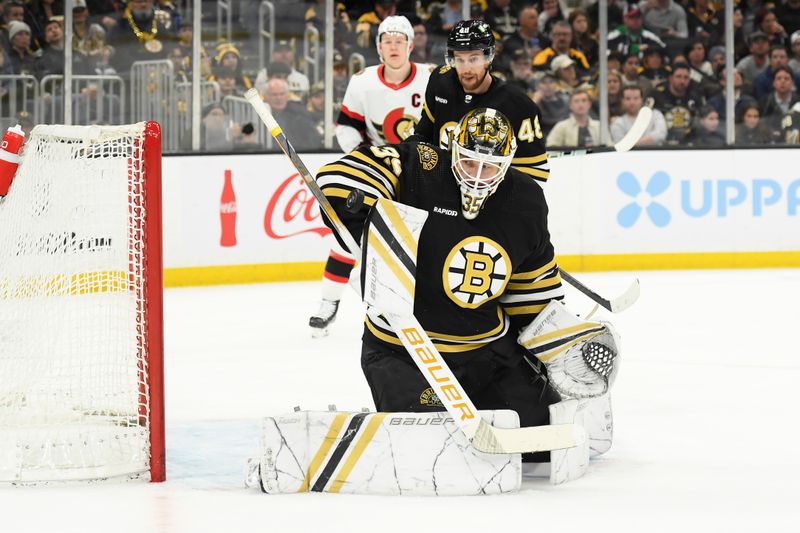 Apr 16, 2024; Boston, Massachusetts, USA;  Boston Bruins goaltender Linus Ullmark (35) makes a save during the second period against the Ottawa Senators at TD Garden. Mandatory Credit: Bob DeChiara-USA TODAY Sports