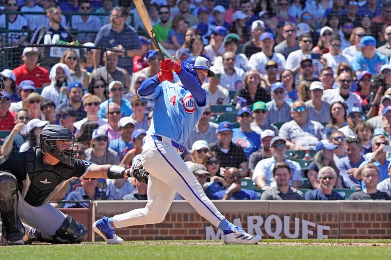 May 16, 2025; Chicago, Illinois, USA; Chicago Cubs outfielder Pete Crow-Armstrong (4) hits a three run home run against the Chicago White Sox during the second inning at Wrigley Field. Mandatory Credit: David Banks-Imagn Images