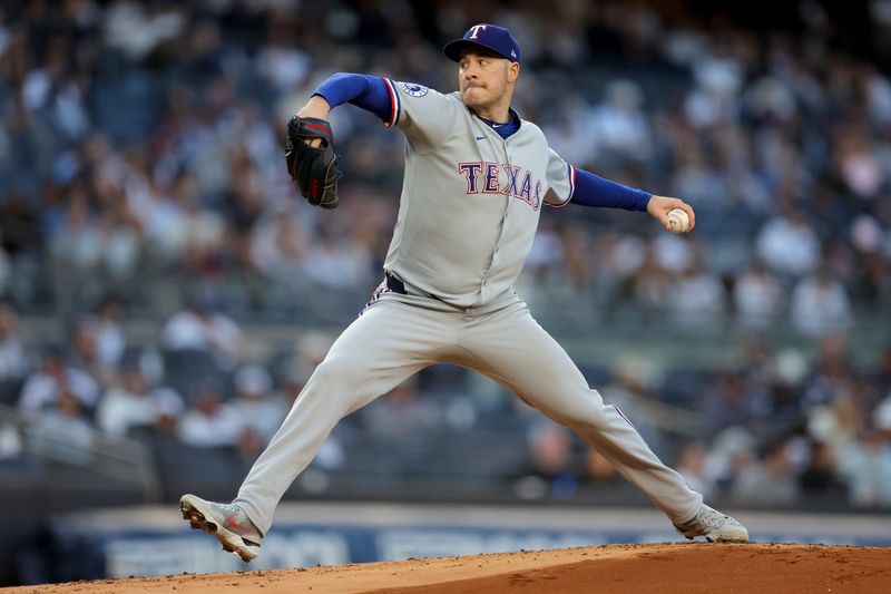 May 20, 2025; Bronx, New York, USA; Texas Rangers starting pitcher Patrick Corbin (46) pitches against the New York Yankees during the first inning at Yankee Stadium. Mandatory Credit: Brad Penner-Imagn Images